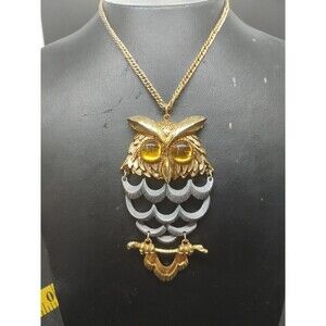 Articulated Vintage OWL Necklace Gold & Silver Amber Eyes MovableVery Nice!
